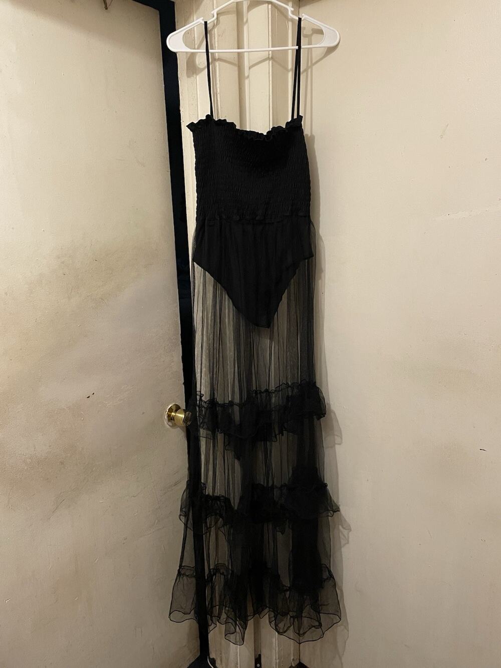 Black Sheer Mesh Ruffle Maxi Dress Size Large Goth Romantic Party Layered
